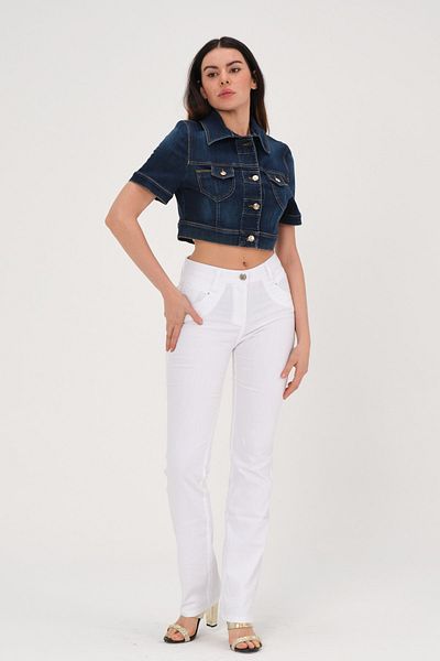 Barkaist Jachetă de denim crop cu buzunar albastru pentru femei