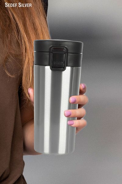 SEDEF SİLVER Single Hand Bass Inner Stainless Steel Thermos 380 ml Push Leak Proof Double Layer Travel Mug Thermos 522