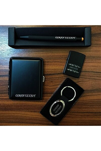 ZEFLAZER Kişiye Özel Isimli Hediye Kutulu Kalem, Çakmak, Sigara Tabakası Ve Anahtarlık Set