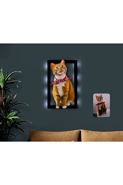 Bk Gift Kişiye Özel Tam Boy Kedi Karikatürlü 3d Led Işıklı Ahşap Tablo-1