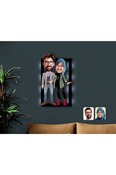Bk Gift Kişiye Özel Sevgililer Karikatürlü 3d Led Işıklı Ahşap Tablo-60