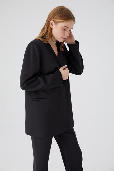 Manuka Belted Collarless Satin Blazer Jacket Black
