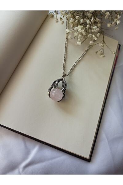 Luka Aksesuar Pembe Kuvars Doğal Taş Pençe Kolye