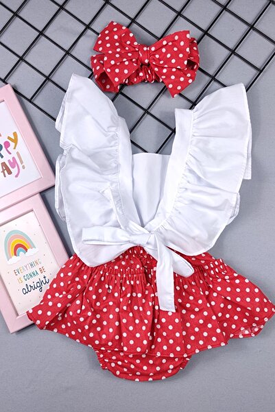 ADABEBEK Kız Bebek Fırfırlı Puanlı Bandanalı Salopet Takım