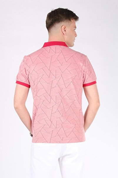 Giyim Dünyası Men's Geometric Pattern Zippered Polo Collar T-shirt Red