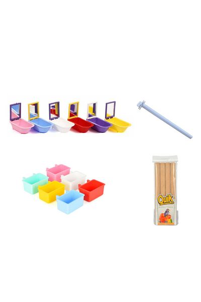 Fit Fly طقم إكسسوارات الطيور (حوض استحمام مرآة + مجثم + إبريق شاي + مجثم رملي)