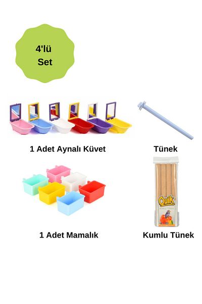 Fit Fly طقم إكسسوارات الطيور (حوض استحمام مرآة + مجثم + إبريق شاي + مجثم رملي)