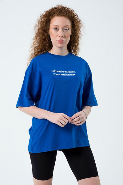 Eazy Co Eazy Saks Blue Eat Healthy Unisex Extra Oversize Printed Short Sleeve T-shirt