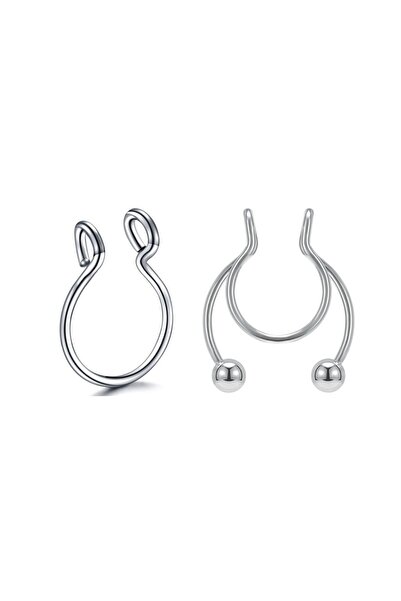 Jaida Moda Unisex Gümüş Renk 2'li Set Hızma Dudak Septum Çelik Fake Piercing