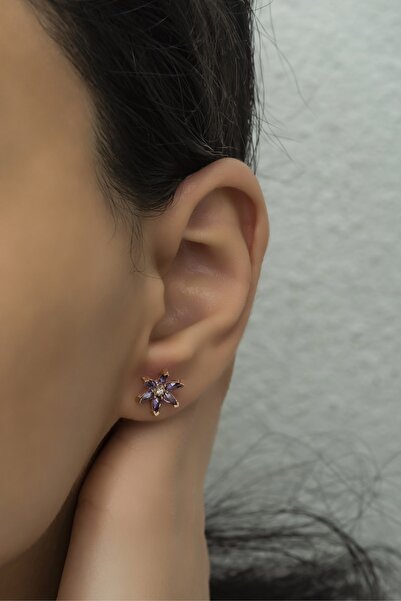 Nereze 925 Ayar Gümüş Mor Taşlı Lotus Çiçeği Küpe