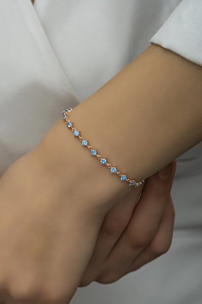 Nereze 925 Ayar Gümüş Rose Sıralı 3 Mm Aquamarin Taşlı Bileklik