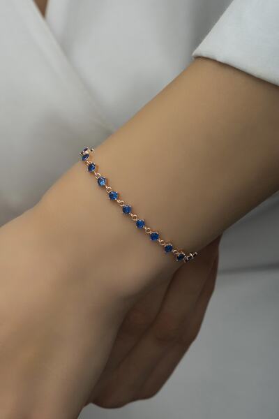 Nereze 925 Ayar Gümüş Rose Sıralı 3 Mm Mavi Taşlı Bileklik