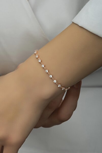 Nereze 925 Ayar Gümüş Rose Sıralı 3 Mm Beyaz Taşlı Bileklik