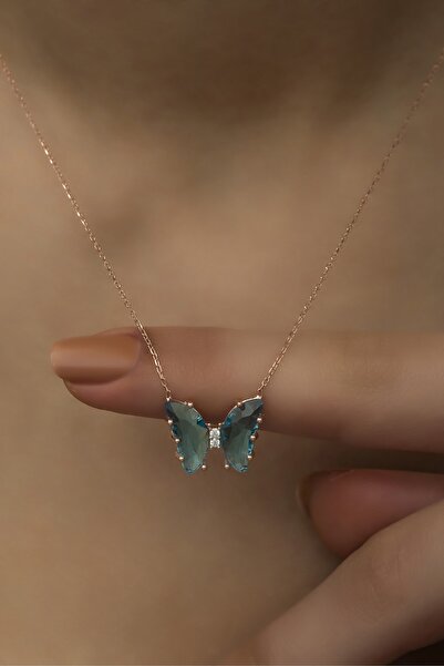 Nereze 925 Ayar Gümüş Mavi Zirkon Taşlı Kelebek Kolye