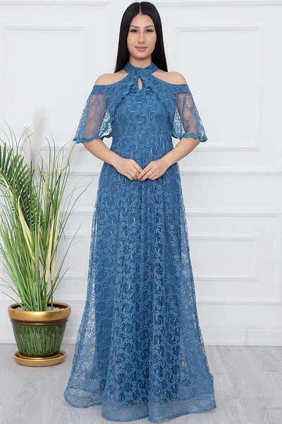 PULLIMM Rochie de seara lunga din dantela cu detaliu pe umeri 13328