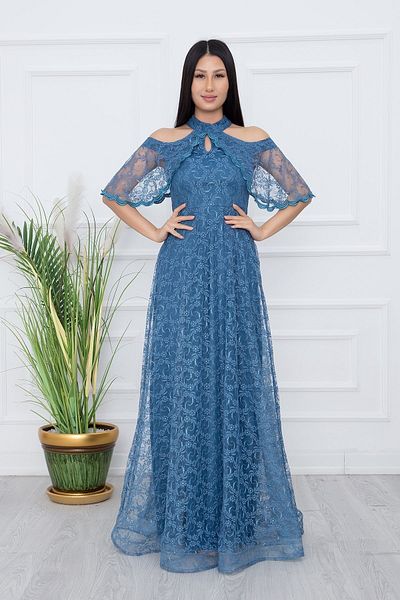 PULLIMM Rochie de seara lunga din dantela cu detaliu pe umeri 13328