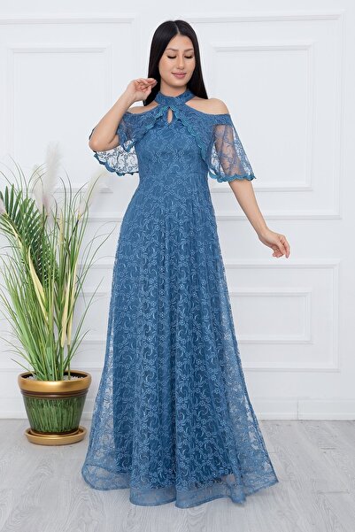 PULLIMM Довга мереживна вечірня сукня з деталями на плечах 13328
