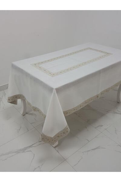 Finezza Față de masă din țesătură de in cu bordură jacquard Gonca, crem, 160x...
