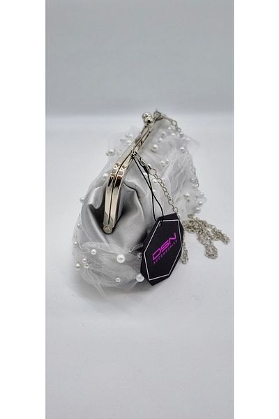 DSN Pearl and Tulle Detailed Chain Strap Hand and Shoulder Bag Silver Color
