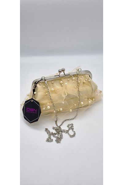 DSN Pearl and Tulle Detailed Chain Strap Hand and Shoulder Bag Beige Color