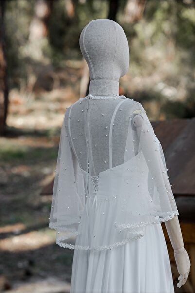 bride in love Kadın Inci Pelerinli Şifon Gelinlik