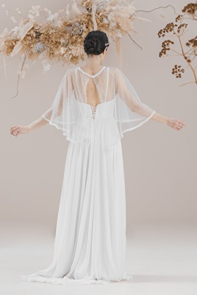 bride in love Kadın Inci Pelerinli Şifon Gelinlik