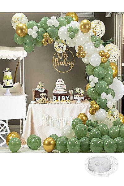 Atakent Süs 100 Balonlu Balon Zinciri 50 Küf Yeşili ,30 Mat Beyaz, 10 Krom Go...