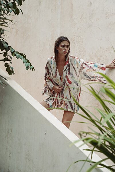 ELAF Cream Feather Kısa Pareo Kimono