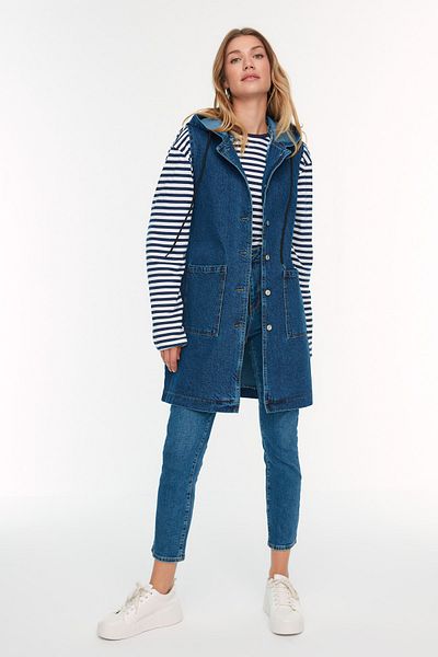 Trendyol Modest Indigo 100% Cotton Hooded Vest with Pocket Detail TCTSS22YE0008