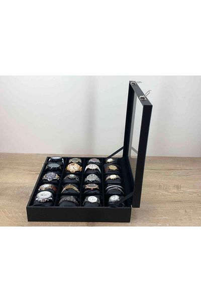 Kelepir Fırsatlar Box of 20 Glass Top Leather Covered Large Size Black Padded Turkish Made Wristwatch