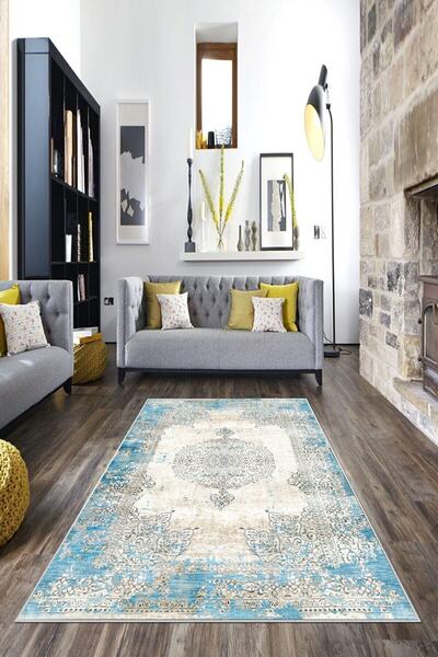 on the clouds Mavi Zemin Göbekli Desen Yıkanabilir Kaymaz Taban Leke Tutmaz M...