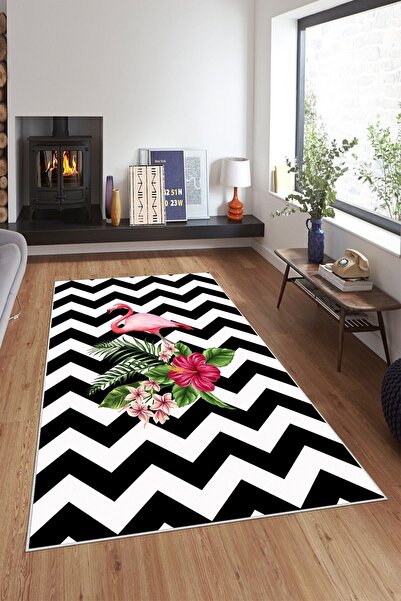 Pelangi Siyah Beyaz Zigzag Flamingo Desen Yıkanabilir Kaymaz Taban Leke Tutma...