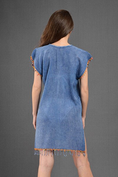 Dosimira Pareo / Rochie de plajă din denim Indigo 100% bumbac cu guler cu margele lucrate manual