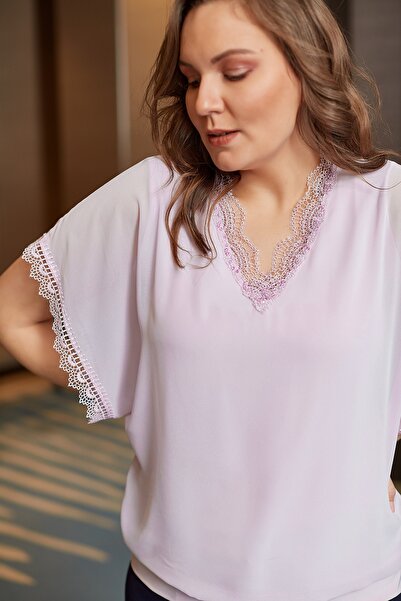 MİYORO Plus Size Chiffon Blouse with Lace and Bead Detail