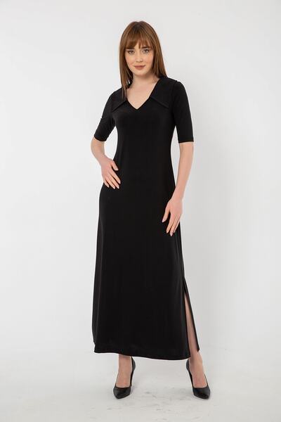 Laranor Μαύρο πουκάμισο με λεπτομέρεια με σχισμή στο γιακά Μακρύ φόρεμα