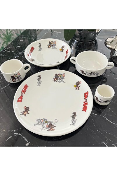 TEBAK COLLECTION Tom Ve Jerry Desen Porselen 5 Parça Çocuk Yemek Takımı Mama ...