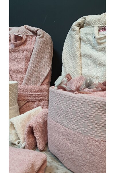 Nurpak Σετ οικογενειακής ρόμπας Sapphire 100% βαμβακερή κρέμα αποξηραμένο τριαντάφυλλο 8 τεμαχίων