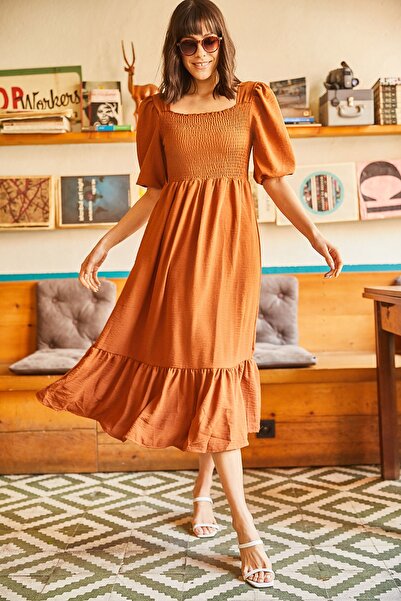 Olalook Γυναικείο φόρεμα Bodrum με πλακάκι ελαστικό τετράγωνο γιακά ELB-19001557