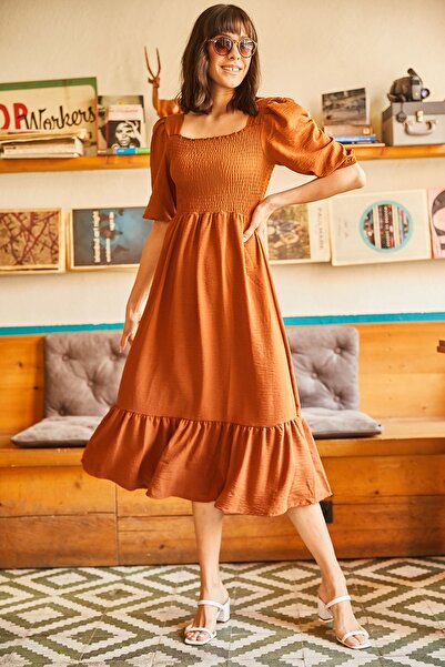 Olalook Γυναικείο φόρεμα Bodrum με πλακάκι ελαστικό τετράγωνο γιακά ELB-19001557