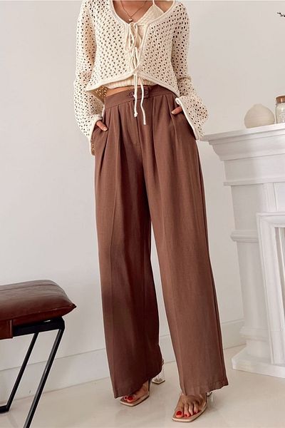 Suzi butik بنطلون بالازو نسائي من الكتان ذو طيات