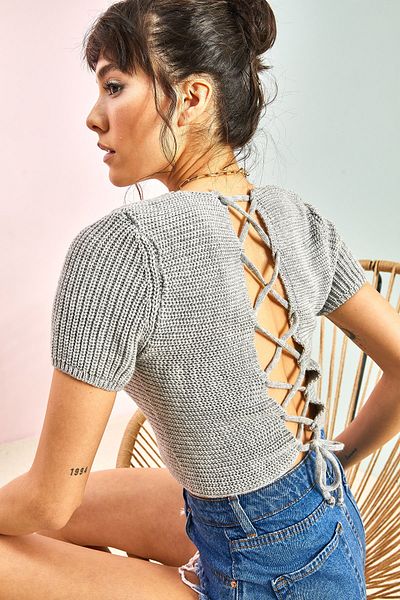 Bianco Lucci Women's Low Back, Gathered Front Knitwear Blouse