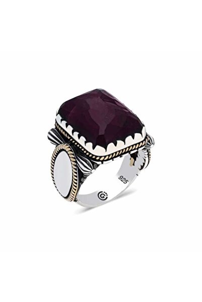 playzone نيدام بوتيك ​ خاتم رجالي مربع الشكل من الفضة مع حجر العنبر الأحمر