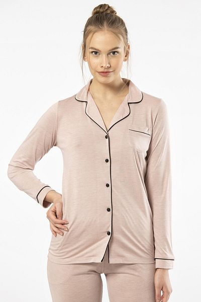 TÜREN Women's Long Sleeve, Pocket, Shirt Neck Sleepwear Set