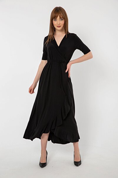 Laranor Μαύρο φόρεμα με λεπτομέρεια με κορδόνια διπλό πέτο Volan