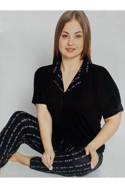 Pijamoni Plus Size Short Sleeve Buttoned Front Shirt Collar Viscon Pajamas Set