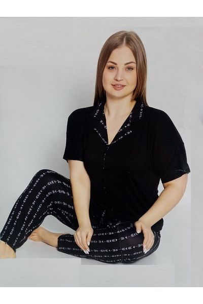 Pijamoni Plus Size Short Sleeve Buttoned Front Shirt Collar Viscon Pajamas Set