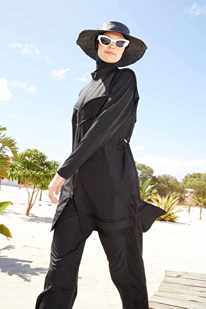 Haşema Black Hijab Swimsuit with Mesh Detail