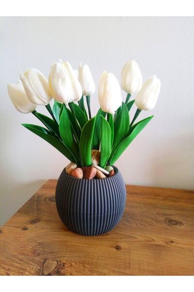 YEŞİLADA Yapay Islak Doku Kadife Lale 8 Adet Antrasit Gri Saksıda Lale Çiçeği