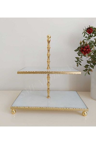 Sümeyra Marble Art Natural White Marble Cake Presenter | Ball Footed Presentation Rack | Gold | Tiered Presentation Rack |