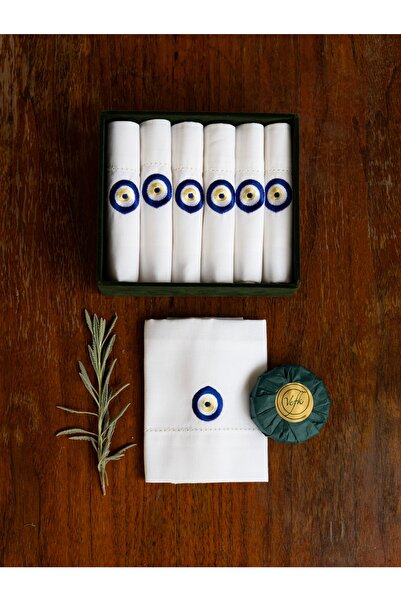 Vefk Design Nazar Boncuk Desen Beyaz Keten El Peşkiri 6'lı Set